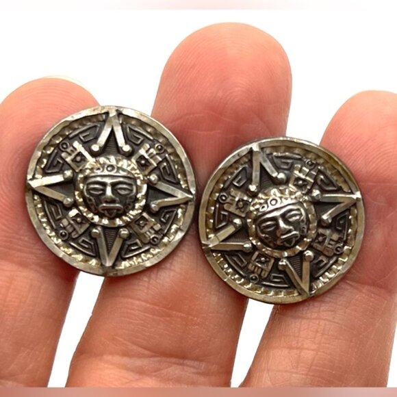 Rare-Vintage, Sterling Silver 925 Mayan Sun Dial Calendar-Cufflinks Round Mayan - Picture 5 of 7